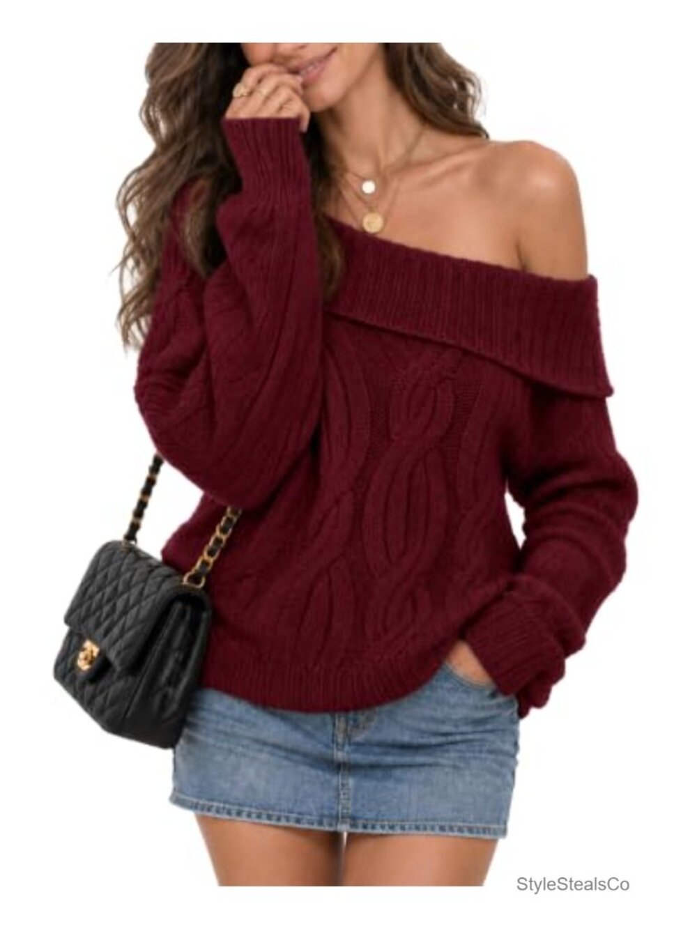 Wool Blend Off Shoulder Cable Knit Oversized Sweater Pullover